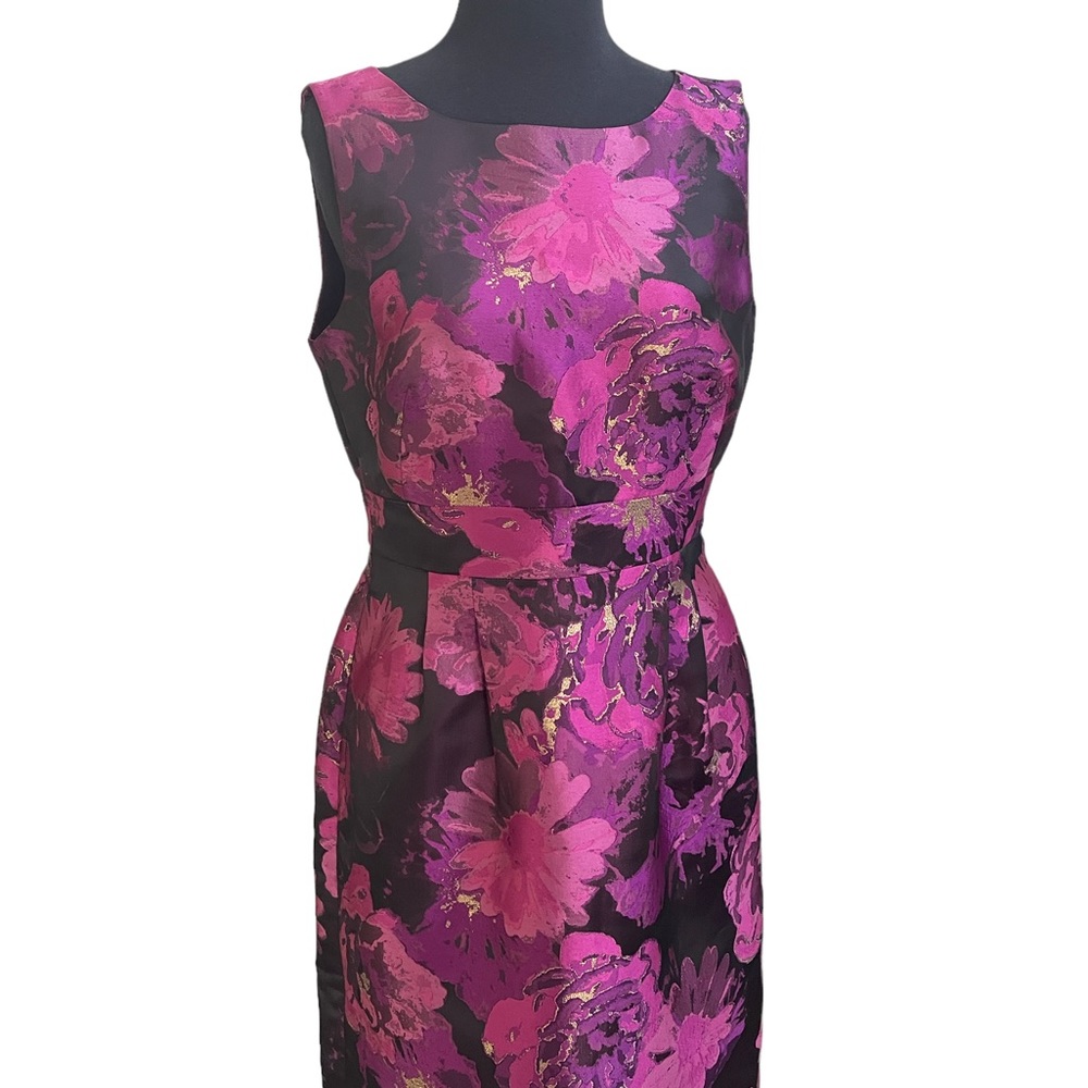 Tahari Arthur S. Levine Fuchsia Black Gold Party Dress Sz 6 Floral Sleeveless